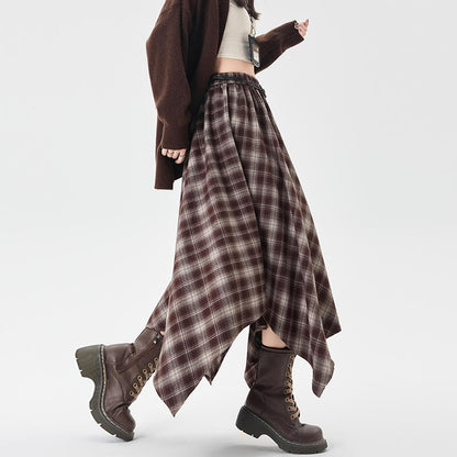 Women Skirt Plaid High Waisted Elastic A Line Mid Length Korean Style Fashion Retro Versatile Irregular Autumn Skirt