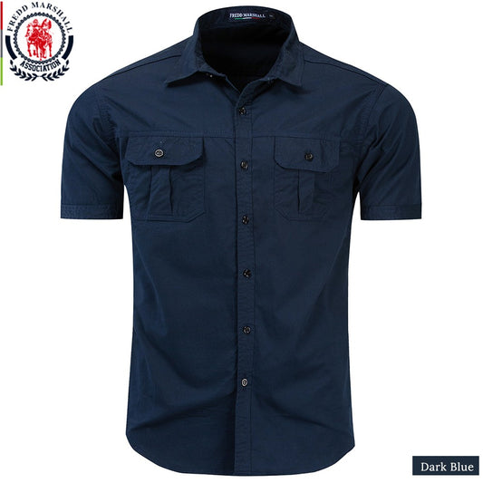 Fredd Marshall New Mens Military Shirt Men Short Sleeve Cargo Shirts 100% Cotton Casual Solid Shirt Male Pocket Work Shirt 55889