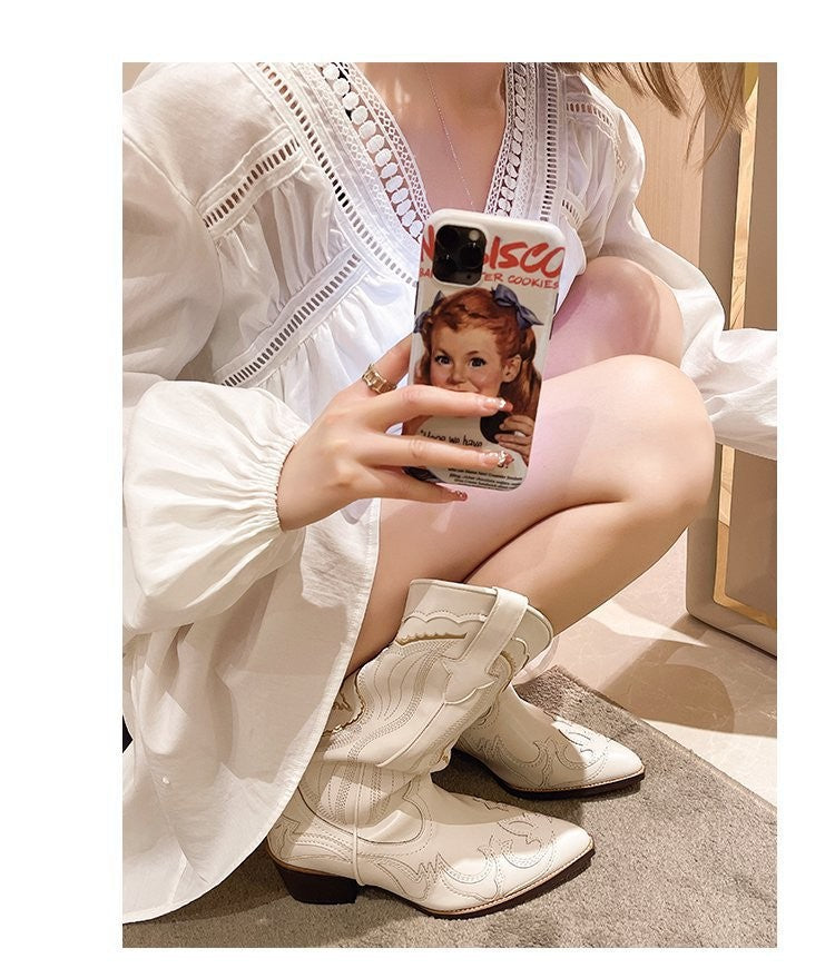 Autumn Embroidered Western Cowboy Boots new Square Heels Pointed shoes Casual fashion long boots Comfortable waterproof shoes