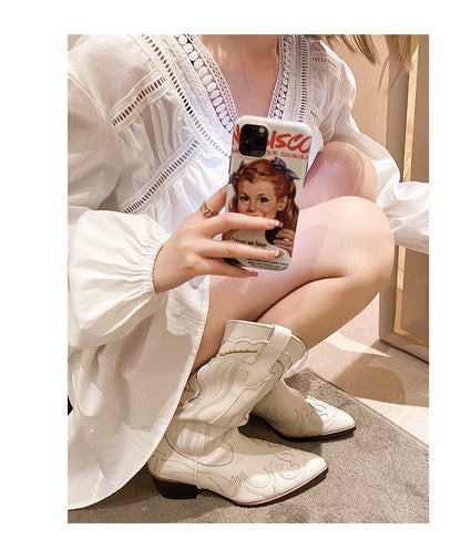 Autumn Embroidered Western Cowboy Boots new Square Heels Pointed shoes Casual fashion long boots Comfortable waterproof shoes