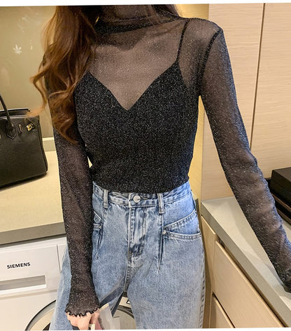 Spring Summer Women's Sexy See Through Mesh Blouse Long Sleeve Transparent Shining Elegant Shirt Fashion Women Tops 2025
