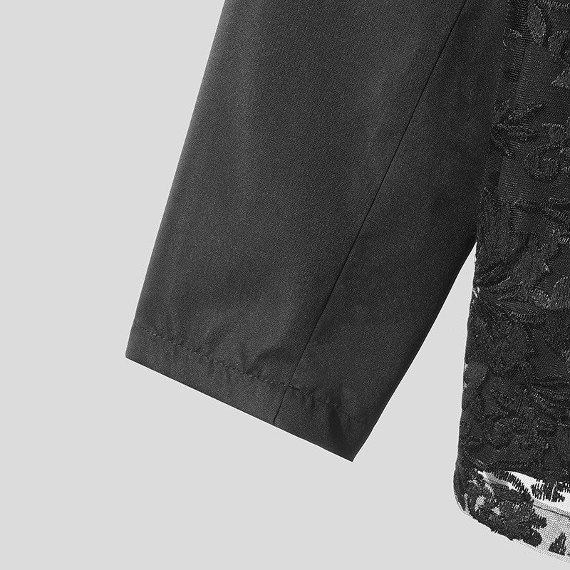 INCERUN Men Blazer Mesh Patchwork Lace Transparent Lapel Long Sleeve Casual Suits Men Streetwear 2024 One Button Fashion Coats
