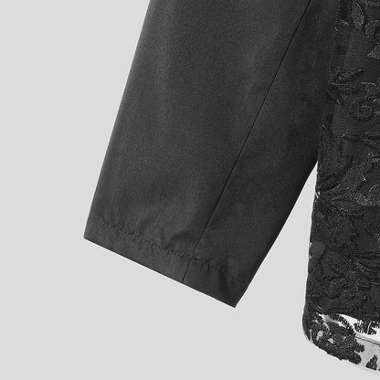 INCERUN Men Blazer Mesh Patchwork Lace Transparent Lapel Long Sleeve Casual Suits Men Streetwear 2024 One Button Fashion Coats