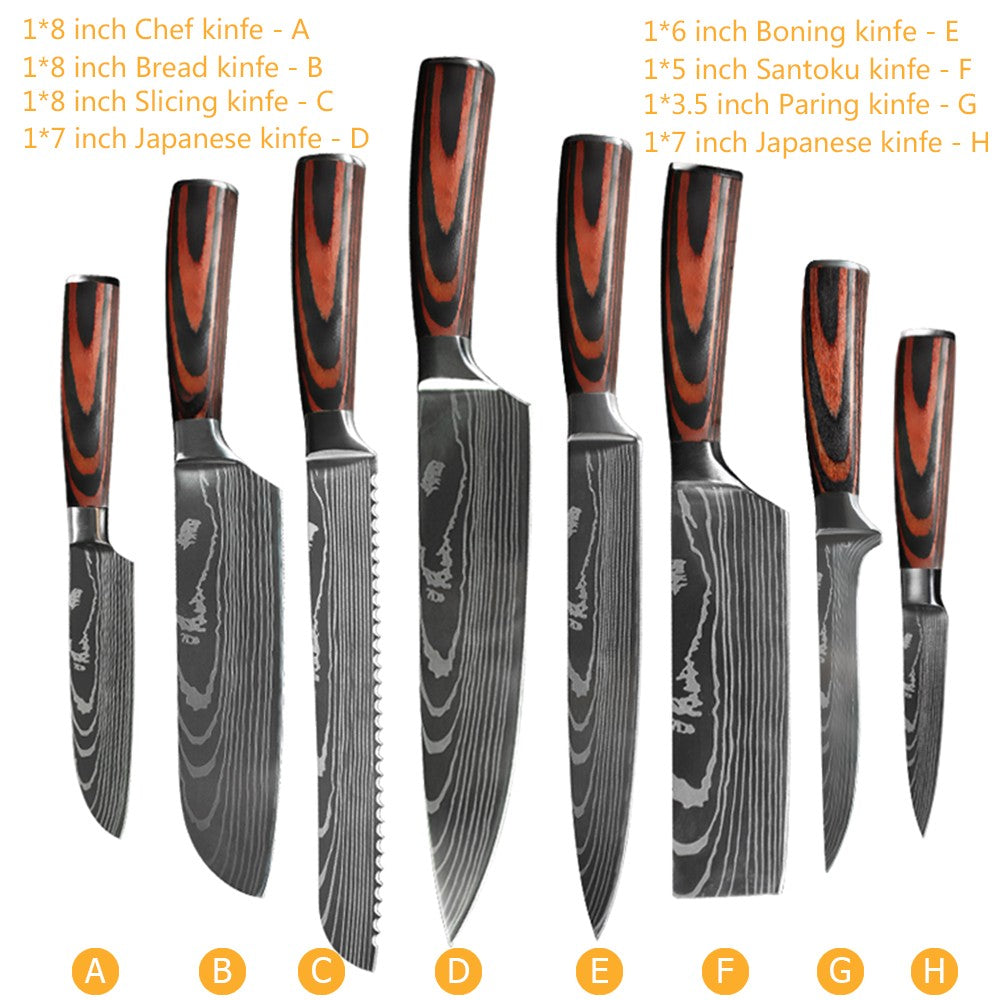 Conjunto de Facas de Chef 1-10 Peças Facas de Cozinha Padrão Damasco a Laser Faca Japonesa Santoku Afiada Cutelo Faca Utilitária para Fatiar