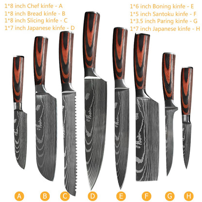 Conjunto de Facas de Chef 1-10 Peças Facas de Cozinha Padrão Damasco a Laser Faca Japonesa Santoku Afiada Cutelo Faca Utilitária para Fatiar