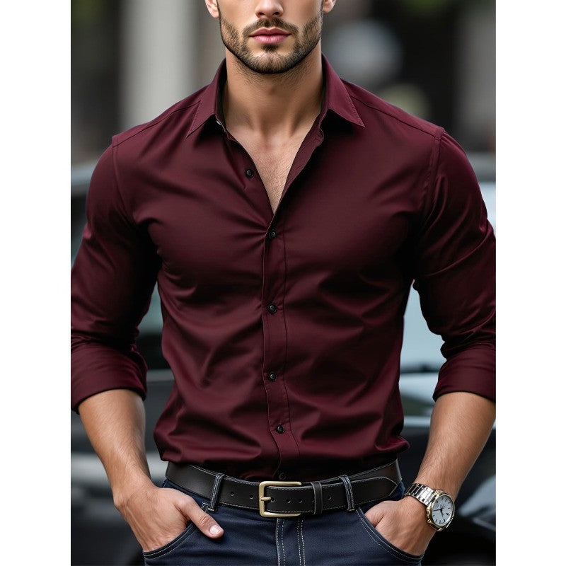 FGKKS New Men Casual Shirt Brand Fashion Solid Color Long Sleeve Elastic Fabric Male Business Dress Shirt