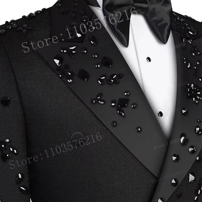 B02 Luxury 2 Pieces Set Men's Suits  Beaded Crystals Notched Lapel Groom Wedding  Formal Party Prom Tuxedo Wedding Groom