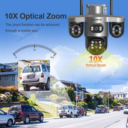 LS VISION 20MP 10X Optical Zoom Three PTZ Lens Solar Camera Outdoor WiFi/4G Three Screen Auto Tracking Security Cameras V380 Pro