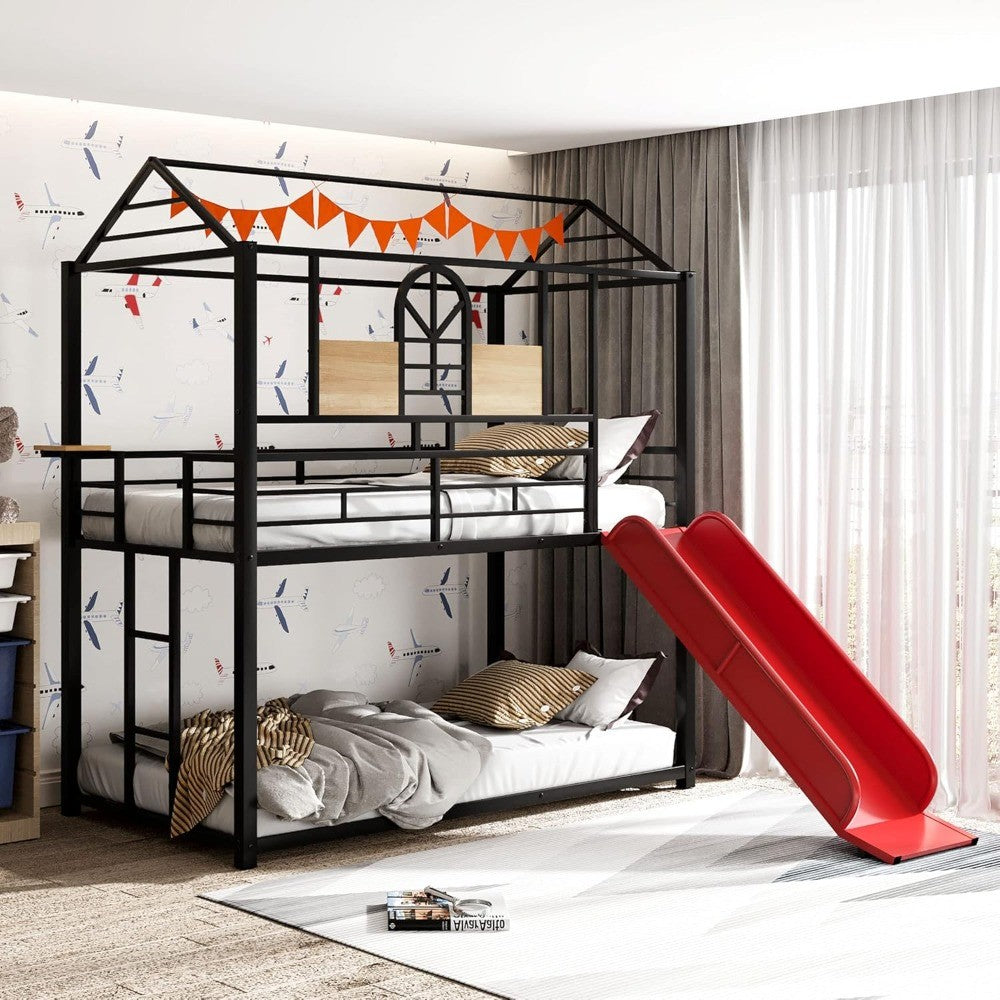 Over Twin Metal Bunk Bed with Slide and House Design, Black Bed Frame with Red Slide
