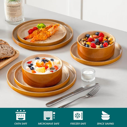 Ceramic Plates and Bowls Sets 12 Pieces Brown Dinnerware Sets for Kitchen Reactive Glaze Dishes Set for 4 Dishwasher and Microw