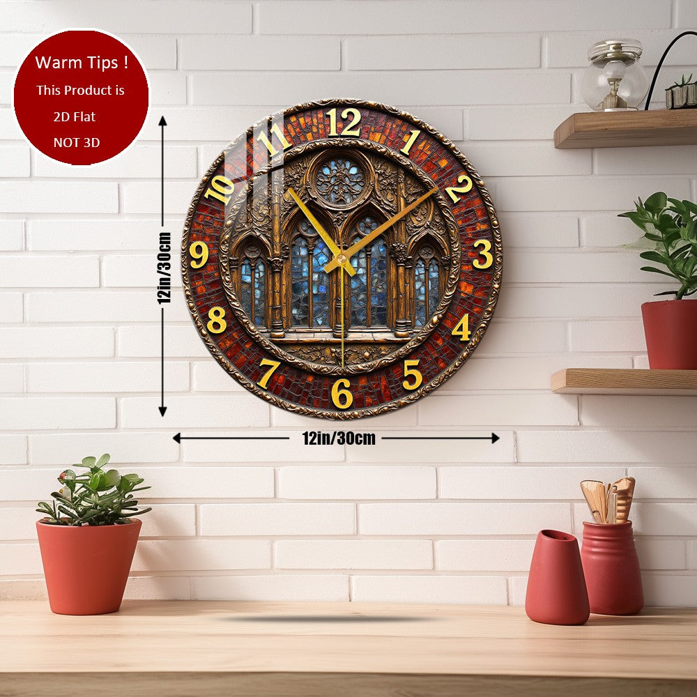 Tempered Glass Wall Clock Gothic Stained Glass Window Clock Suitable For Wall Decor or Tabletop Display Anywhere
