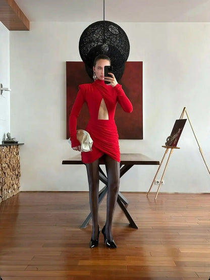 Sexy Hollow-out Pleated Mini Dress Women Fashion Solid Half High Collar Long Sleeve Slim Dresses 2025 Lady Party Club Robes