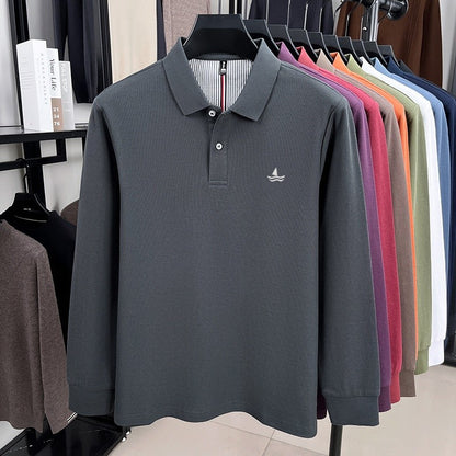 100% pure cotton spring and autumn fashionable men's collar striped long sleeved polo shirt brand sailboat embossed design casua