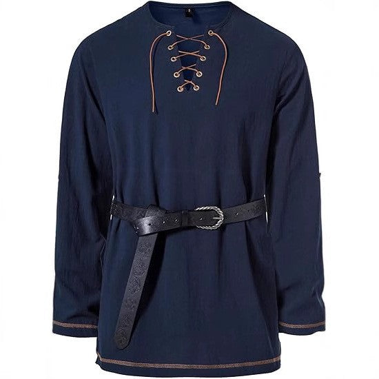 Men's Medieval Lace Up Tunic Shirt Renaissance Viking Pirate Costume Long Sleeve Retro Tops with Belt for Halloween Cosplay
