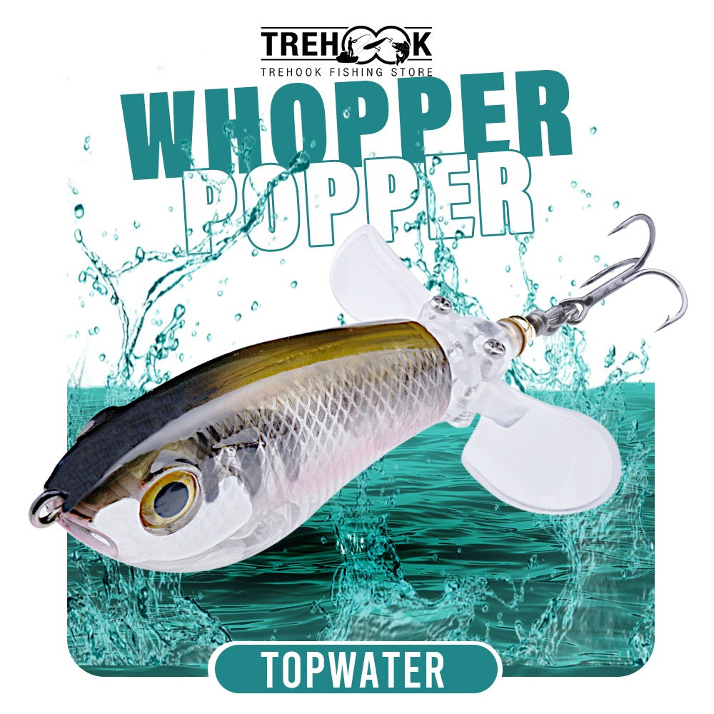 Iscas de Pesca TREHOOK 9g/16g de Superfície Whopper Popper Cauda de Hélice Dupla Giratória Isca Artificial Flutuante