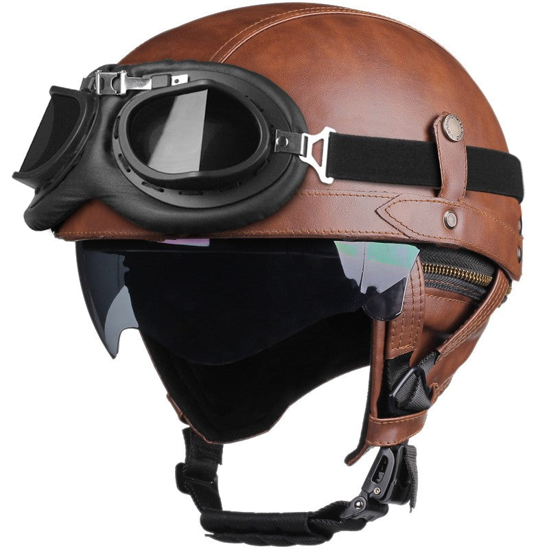 Retro Motorcycle Helmet PU Leather Moto Helmets Men Women Half Helmet HD Lens Casco Four Seasons Riding Scooter Capacetes