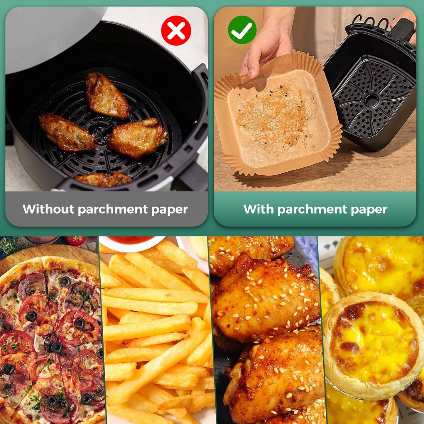 Papel Antiaderente para Fritadeira de Ar 20cm Quadrado Folhas de Papel Manteiga para Ninja AF140, COSORI, Cecotec 5,5L/6L, Tefal 4,2L Airfryer