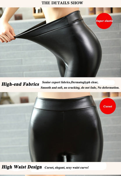 BIVIGAOS Fashion Women PU Leather Pants Elastic High Waist Winter Leggings Slim Velvet Leather Leggings Skinny Fleece Trousers