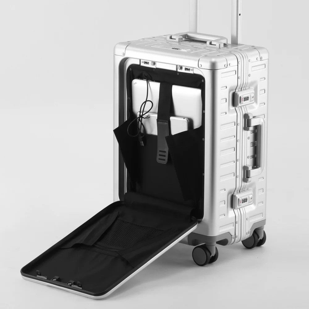 All Aluminum-magnesium Suitcase Front Opening Rolling Luggage with USB Charging Plug TSA Lock Trolley Case 20" Boarding Travel