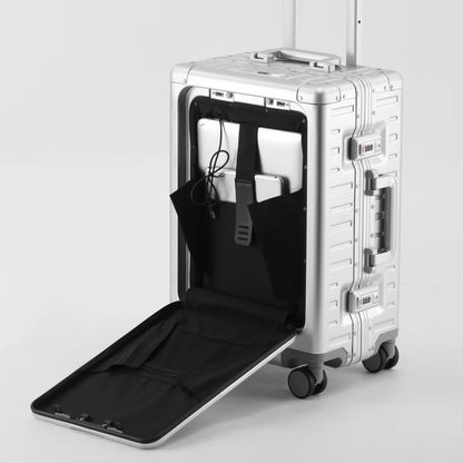 All Aluminum-magnesium Suitcase Front Opening Rolling Luggage with USB Charging Plug TSA Lock Trolley Case 20" Boarding Travel