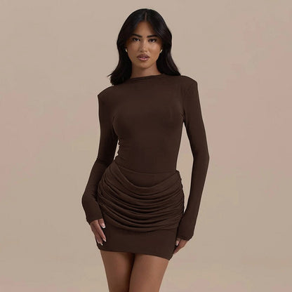 Lady Long Sleeve Ruched Sexy Mini Dress Women Autumn Winter New Elegant Solid High Waist Bodycon Club Party Dresses Female 2025