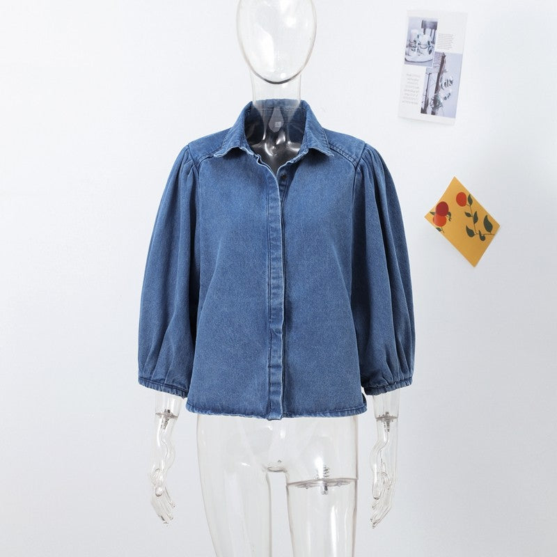 Fashion Denim Women Short Shirt Lapel Half Puff Sleeve Pleated  Turn-down Collar Solid Female Top 2025 Autumn Lady Shirts