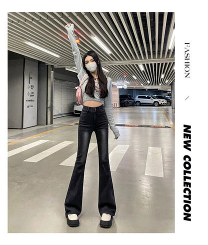 High Waist Fce Lined Thiened Autumn Winter American Bla ey Micro Flared Jeans Women Slimming Legging  Hoof Pants