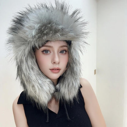 Gorro de inverno russo feminino com proteção de orelha de pele sintética, gorro corta-vento quente para senhoras, moda de luxo, chapéu de esqui de cor sólida com aba larga