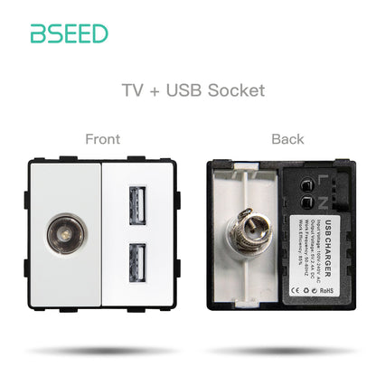 BSEED EU Standard Wall Socket with USB RJ45 TV Satellite Plug Glass Panel DIY Free Combination Function Part for Home Automation