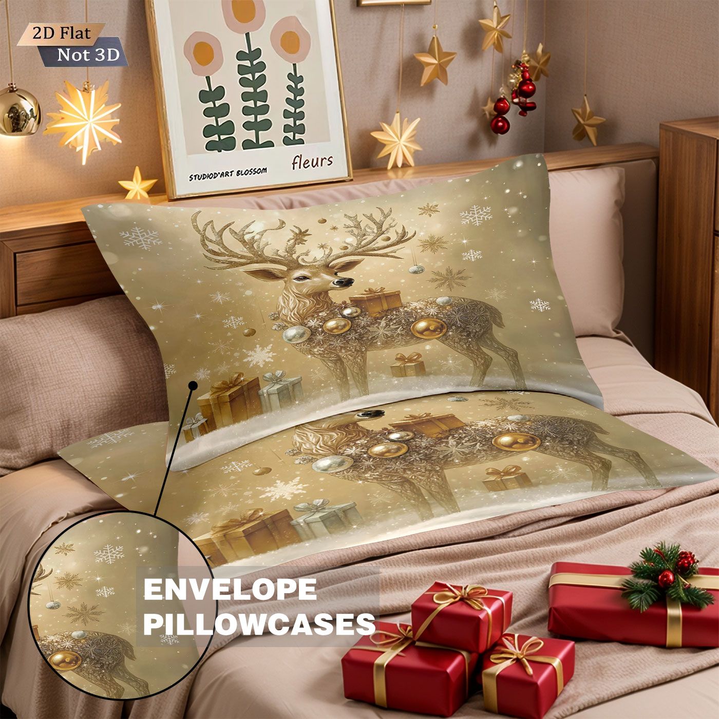Conjunto de edredom sem enchimento 3 peças com estampa de cervo dourado de Natal, vários tamanhos, roupa de cama para quarto, decoração de feriado, macio e lavável à máquina