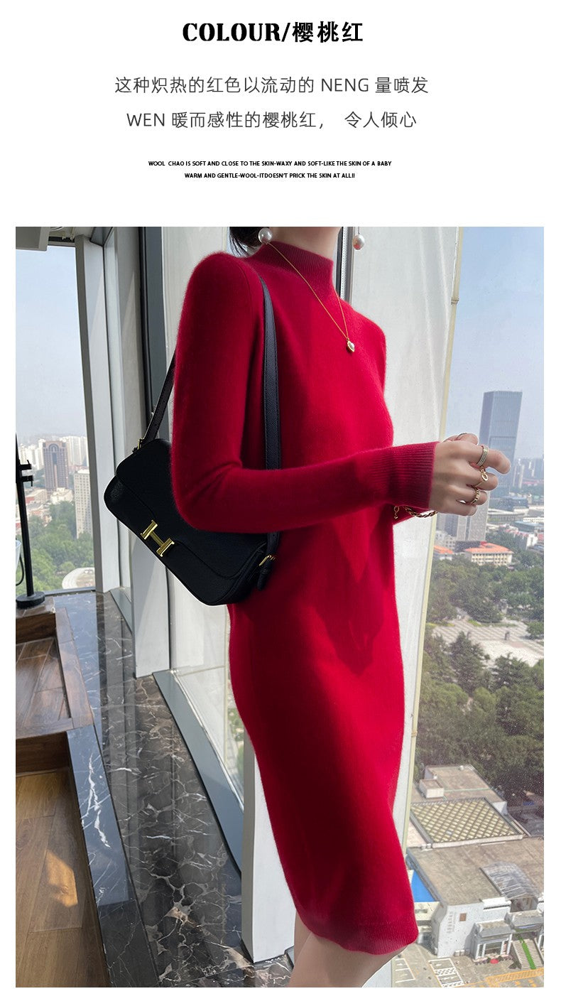 Autumn And Winter 100% Pure Wool Ladies Long Sweater Skirt Semi-High Collar Cashmere Dress Large Knit Bottoming Skirt