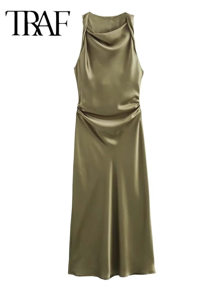 TRAF Satin Long Dresses for Women 2024 Summer Slip Midi Dress Woman Sexy Evening