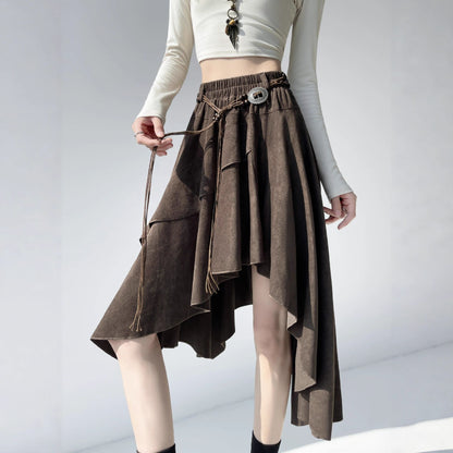 Caramel Suede Half-length Skirt Women's Autumn Winter New Irregular Belt Slim A- Line Midi Umbrella Skirt Comfortable Casual S .