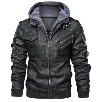 Men Jackets Fake Two Leather Jacket Double Zipper Removable Hooded Biker Leather Coat Male Cardigan Overcoat