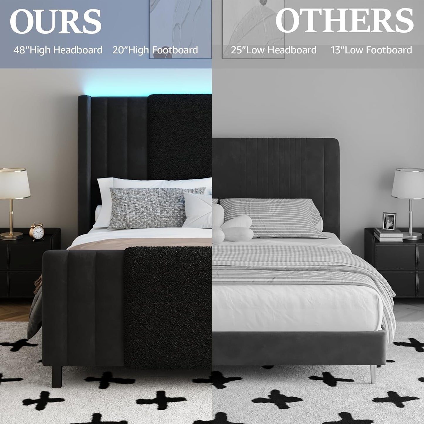 Queen Size Bed Frame with Tall Headboard and Footboard, Boucle and Velvet Upholstered Bed Frame Queen with LED Lights, M