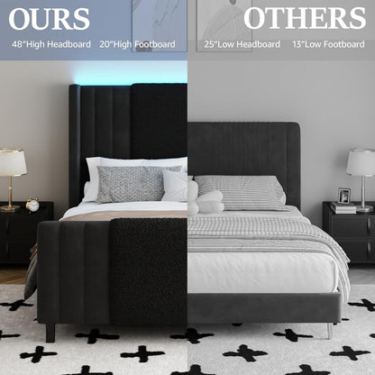 Queen Size Bed Frame with Tall Headboard and Footboard, Boucle and Velvet Upholstered Bed Frame Queen with LED Lights, M