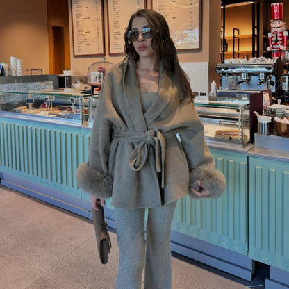 Solid Lace Up Faux Fur Sleeve Jacket Woman Elegant Mid-length V-neck Woolen Blend Coat Autumn Casual Fashion Scarf Outwear 2025