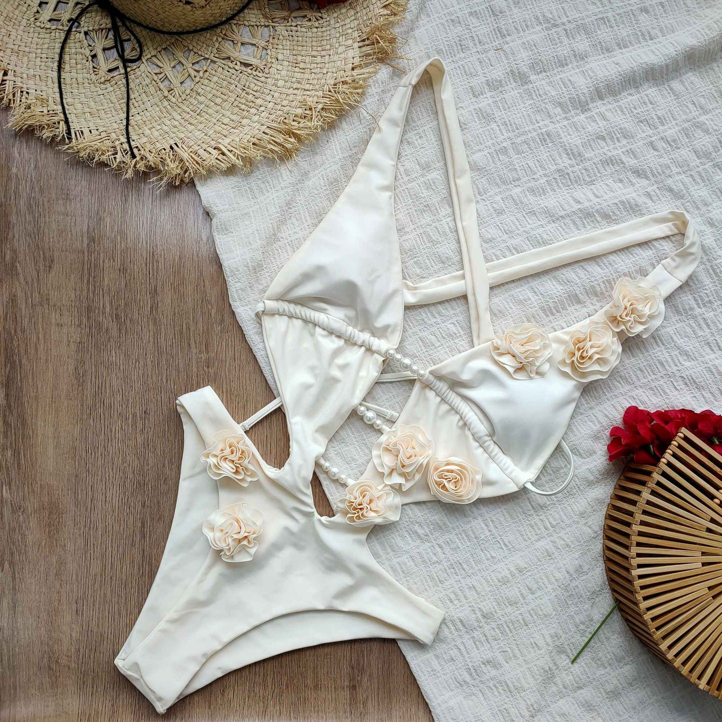 2025 New 3D Flowers One Piece Swimsuit Women Solid Sexy Hollow Out Swimwear Tropical Summer Beachwear Bathing Suit Bodysuit