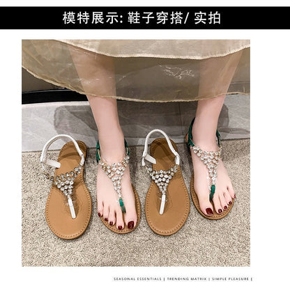 Summer New Flat Transparent Rhinestones Pintoe Women's Sandals, Fashion Casual Light Beach Cool, Shoes Women