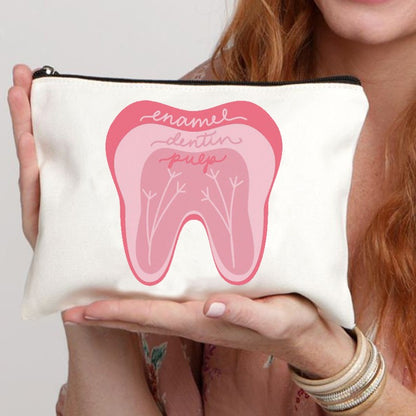 2024 Cute Teeth Cartoon White Zipper Makeup Bag Dental Clinic Storage Bag Women's Single Party Minimalist Decorative Handbag
