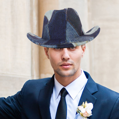 Western Cowboy Hat 56-58cm Polyester Patchwork Vintage Denim Print Wide Brim Flat Top Costume Cosplay Party Western Cowgirl Hat