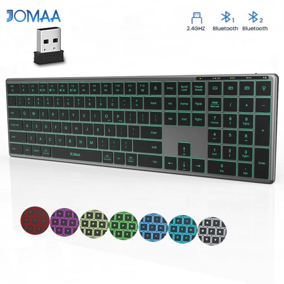 Teclado Bluetooth Retroiluminado Multidispositivo Tamanho Normal Teclado Sem Fio com Teclado Numérico, Teclado Multimídia Fino Recarregável