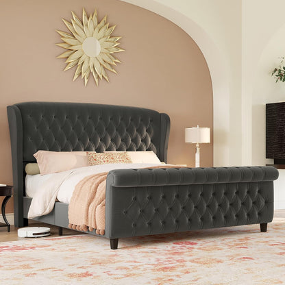 California King Velvet Sleigh Bed Frame with Curved Headboard, Footboard, and Deep Button Tufting