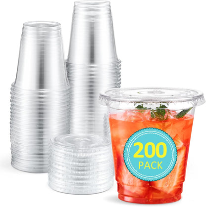 200 Sets 8 OZ Plastic Cups with Lids - 8 Ounce Clear Disposable Cups with Lids, Cold Drink Containers for Beverage, Parf