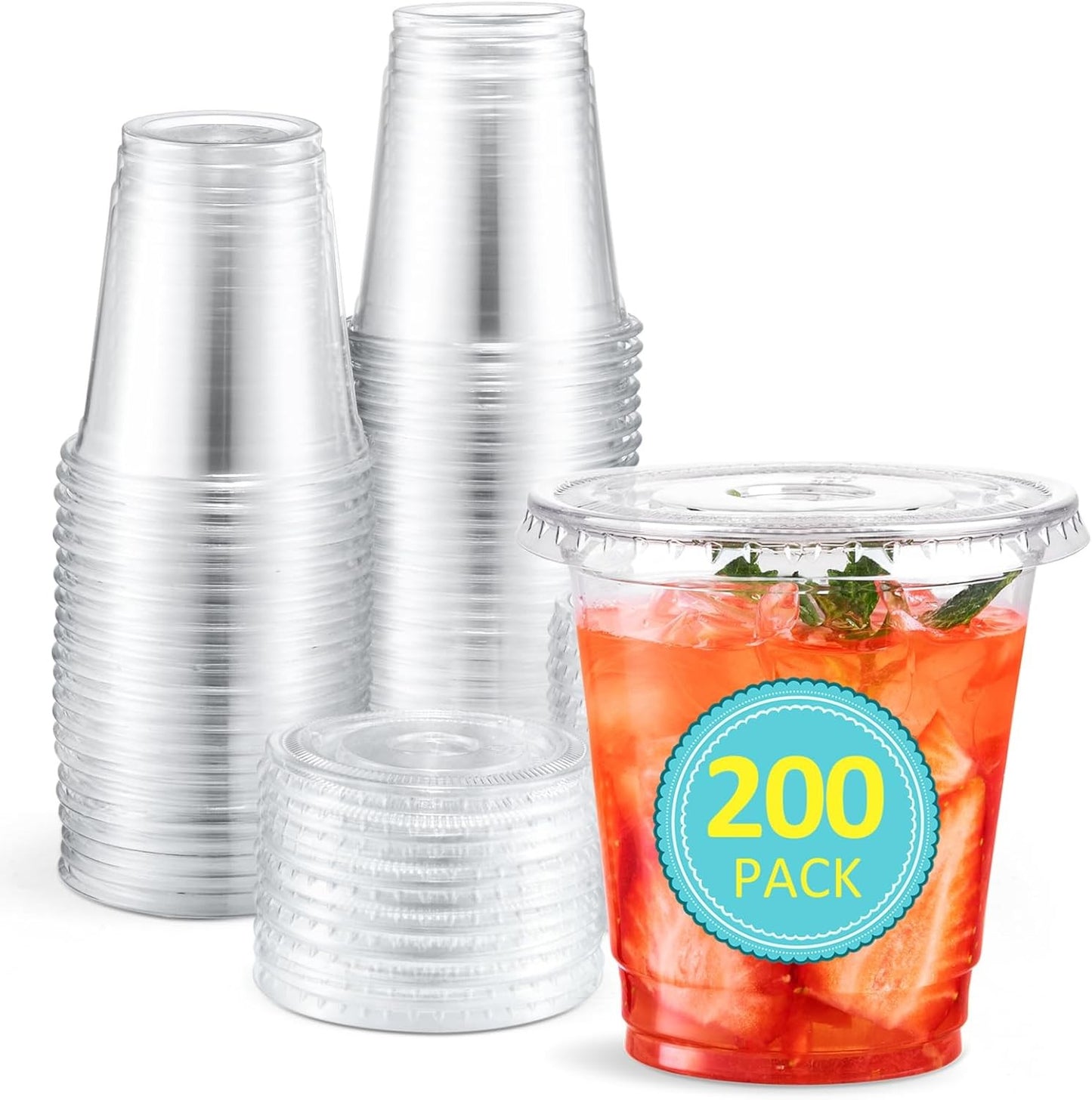 200 Sets 8 OZ Plastic Cups with Lids - 8 Ounce Clear Disposable Cups with Lids, Cold Drink Containers for Beverage, Parf