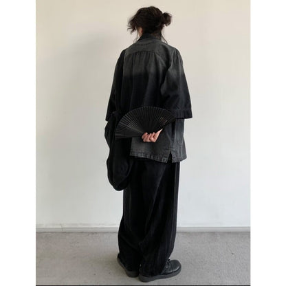 Ancient Style Denim Shirt Mens Halo Dyed Washed Single Breasted Short Sleeved Jacket Lapel Collar Fashion Tops Male High Quality