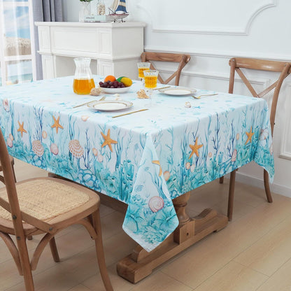 Ocean Nautical Coral Starfish Seashell Tablecloth Table Decor Waterproof Farmhouse Kitchen Dining Table Cloth Party Decoraitons