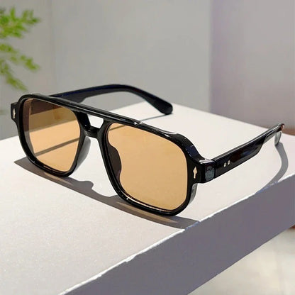 Óculos de Sol Quadrados Masculinos Vintage com Dupla Ponte, Lentes Oceânicas Verdes Modernas UV400, Óculos Femininos com Rebites da Moda