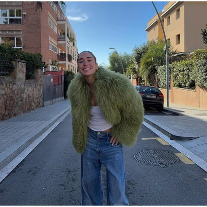 Fashion Solid Plush Faux Fur Coat Women Elegant Warm Long Sleeves Loose Jacket 2025 Lady Winter Chic High Street Outerwear ?