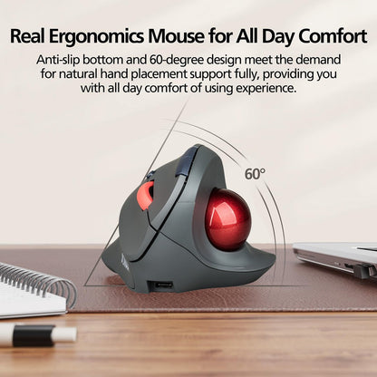 JOMAA Bluetooth + 2.4G Wireless Trackball Mouse, Silent Ergonomic Roller Ball Mice, Vertical Thumb Mouse, 2 Device Connection
